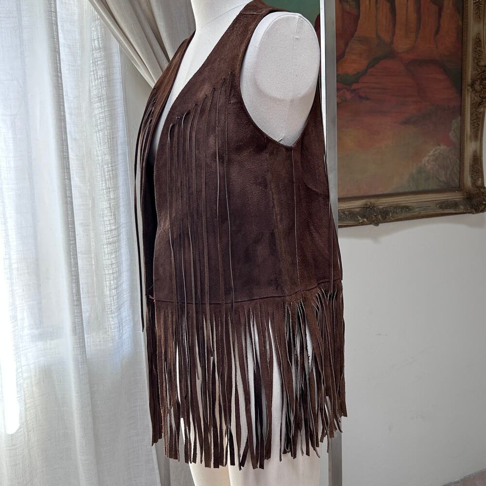 70s genuine suede fringe vest brown western festival boho vintage women M L - Picture 6 of 13